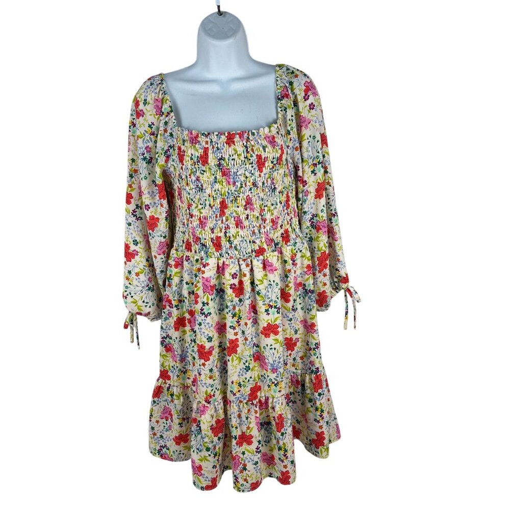 Lauren Conrad Floral Smocked Midi Dress With Tie Sleeve Details & Square Necklin